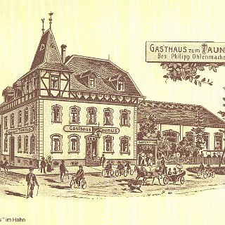 Kalenderbild VR-Bank Untertaunus 1983 Gasthaus "Der Taunus" in Hahn Radierung (abgebildet im VR-Bank Kalender 1983)