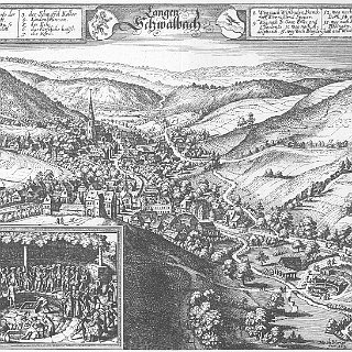 Bild0274 Ein Kupferstich von Mattäus Merian aus der Topographia Hassiae. Er zeigt Bad Schwalbach.